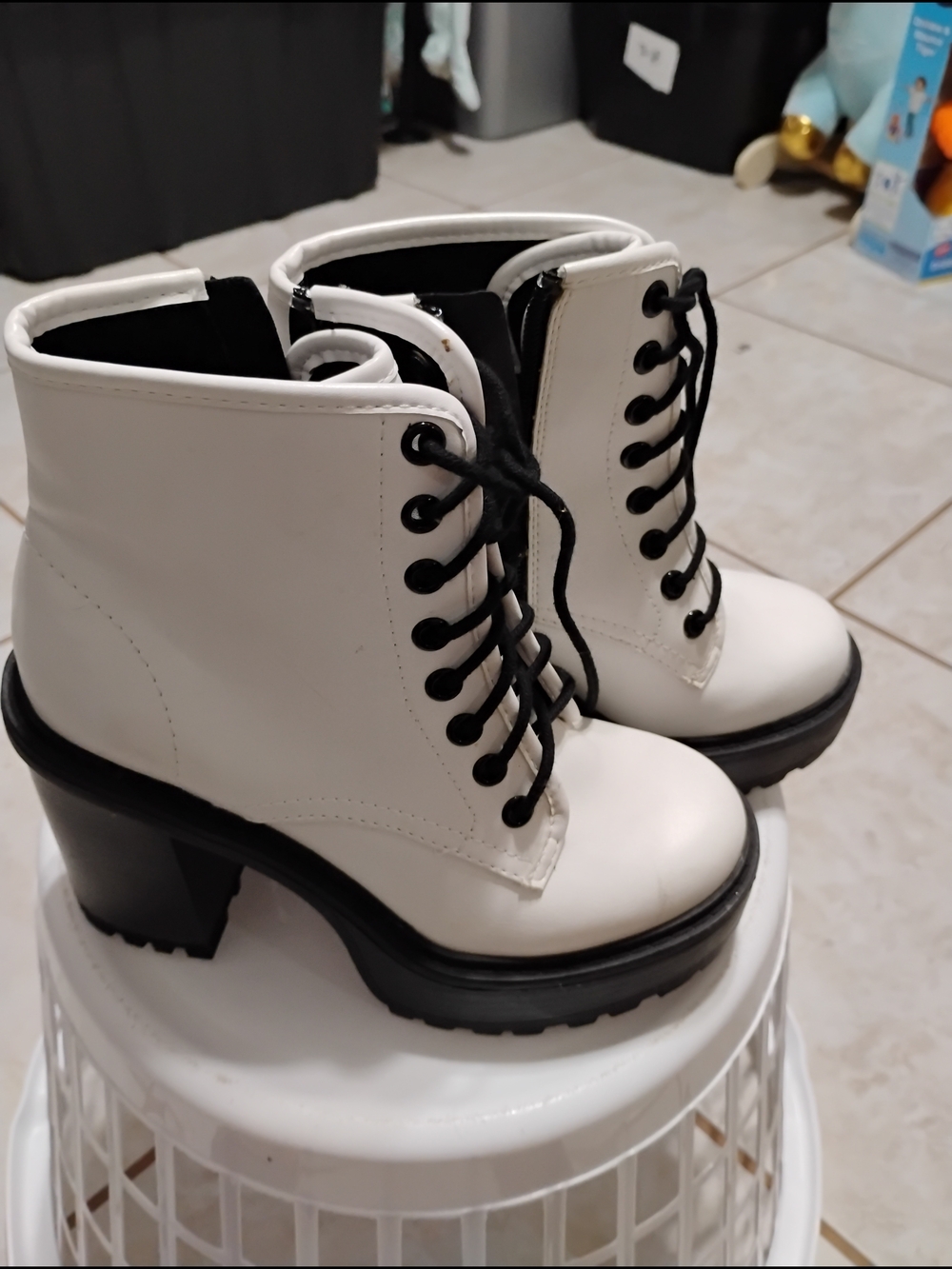 Soda White Lace-Up Chunky Heel Combat Boots